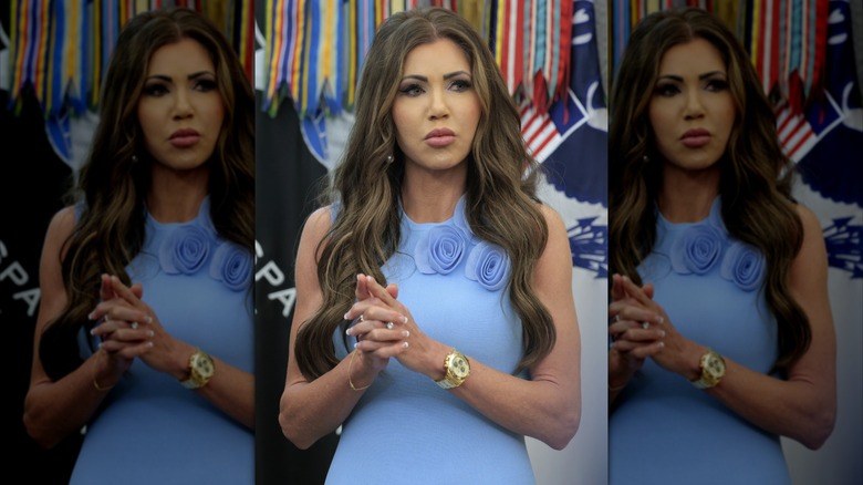 Kristi Noem at the White House in a blue dress with flowers