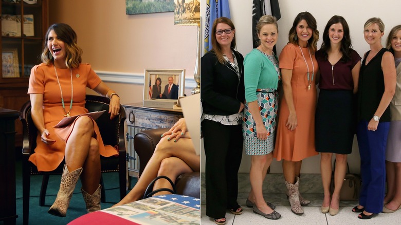 Side-by-side photos of Kristi Noem wearing an orange dress with cowboy boots near a group of women