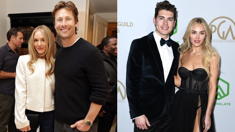 Split image of Michelle Randolph posing with Glen Powell and Gregg Sulkin