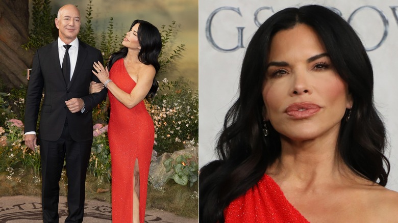 Lauren Sánchez Bezos in a one-shoulder red gown walking "The Lord of the Rings: The Rings of Power" red carpet with Jeff Bezos and a close up of her face at the same event, side-by-side