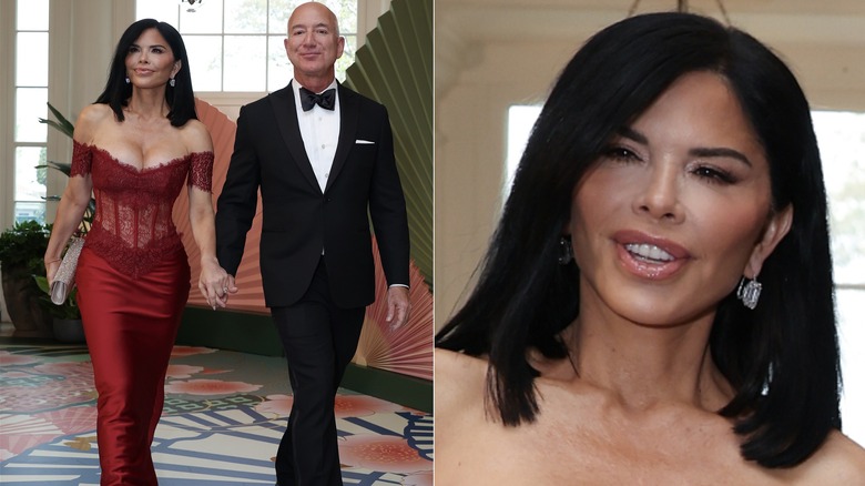 Lauren Sánchez Bezos in a red gown at the White House, holding hands with Jeff Bezos and a close up of her face at the same event, side-by-side