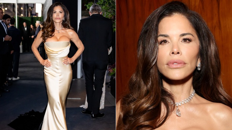 Lauren Sánchez Bezos in a strapless, satin gown at the Kering Foundation's Caring for Women dinner and a close up of her face at the same event, side-by-side