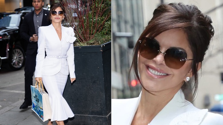 Lauren Sánchez Bezos in an all-white outfit out in New York and a close up of her face smiling, side-by-side