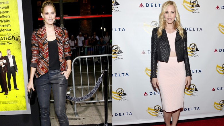 Split image of Leslie Bibb wearing leather pants and a leather jacket at two red carpet events