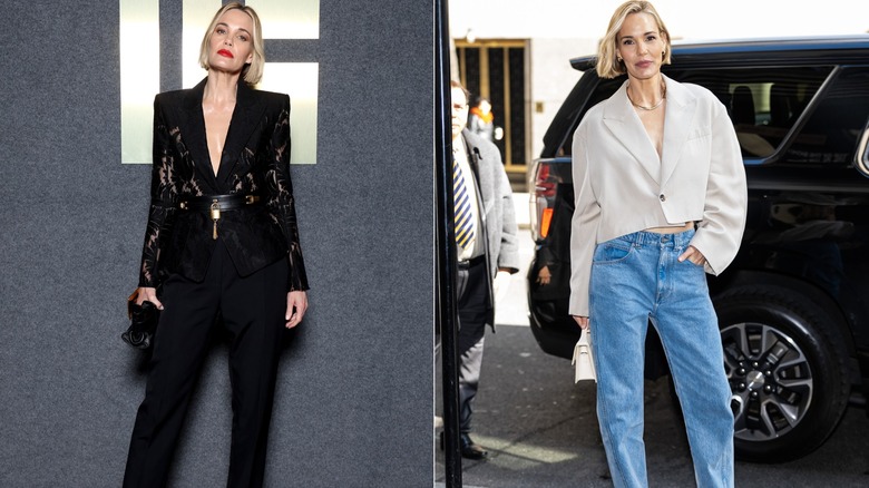 Split image of Leslie Bibb wearing menswear-inspired outfits during various appearances