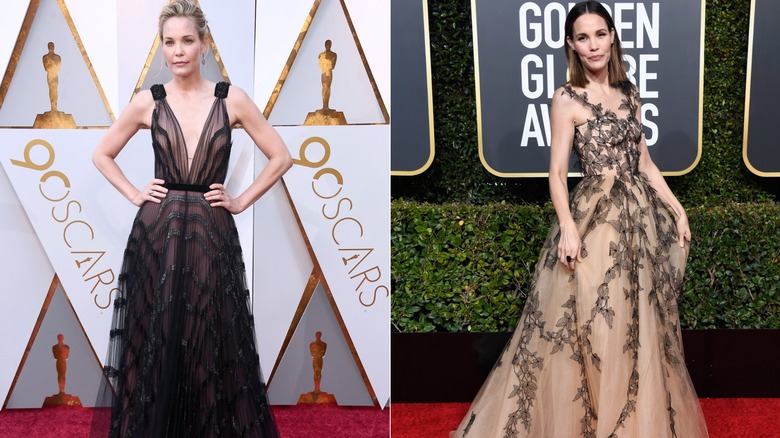 Split image of Leslie Bibb wearing elegant dresses at late 2010s award show events
