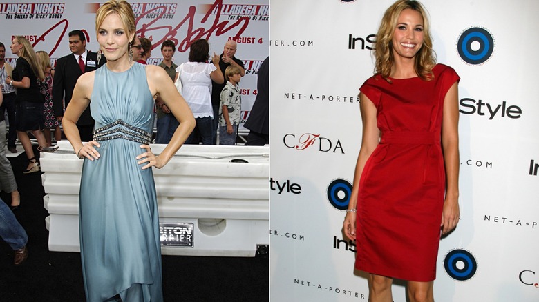 Split image of Leslie Bibb posing in two different dresses at red carpet events