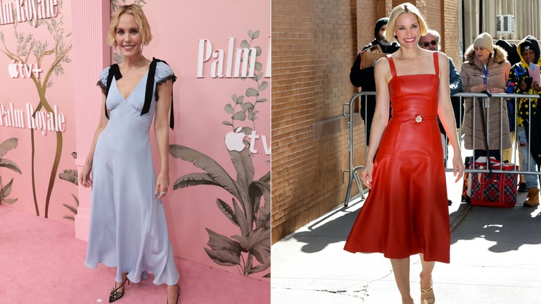 Split image of Leslie Bibb wearing beautiful dresses during a premiere event and NYC sighting