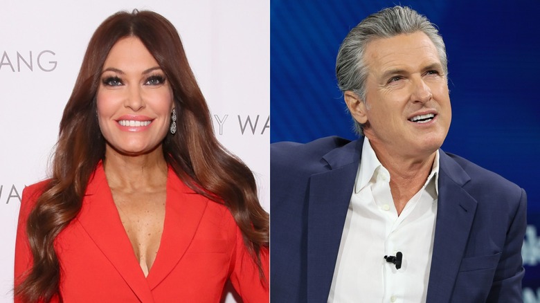 Side by side photos of Kimberly Guilfoyle, in a red jacket, smiling on the red carpet, and Gavin Newsom, looking up, in navy blazer and white collared shirt