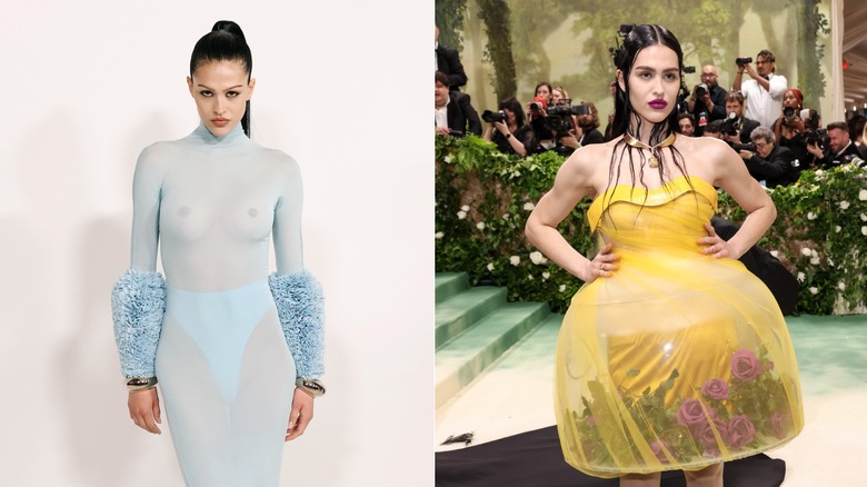 Amelia Hamlin poses in a sheer blue dress next to another photo of Amelia Hamlin wearing a terrarium yellow dress