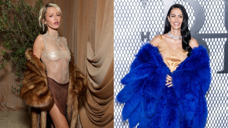 Delilah Hamlin wears a lace top and Amelia Hamlin smiles in an electric blue coat