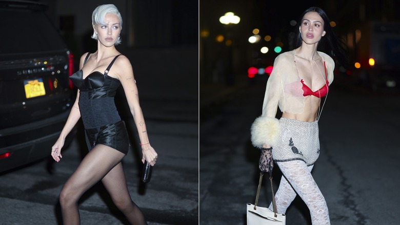 Delilah Hamlin wears a cone bra Amelia Hamlin wears a red bra with a sheer beige cardigan