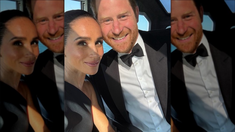 Meghan Markle and Prince Harry in a selfie together in black
