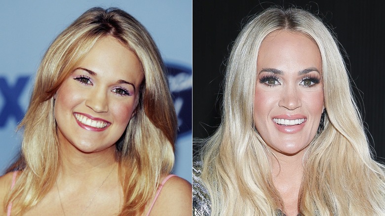 Side-by-side photos of Carrie Underwood then vs. now