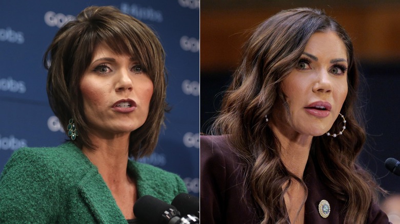 Side-by-side photos of Kristi Noem then vs. now