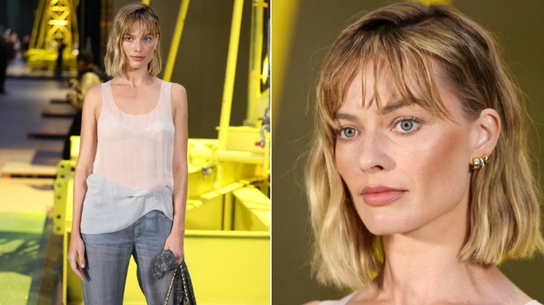 Side-by-side pics of Margot Robbie wearing a sheer white tank and sporting dark contour on her cheeks.