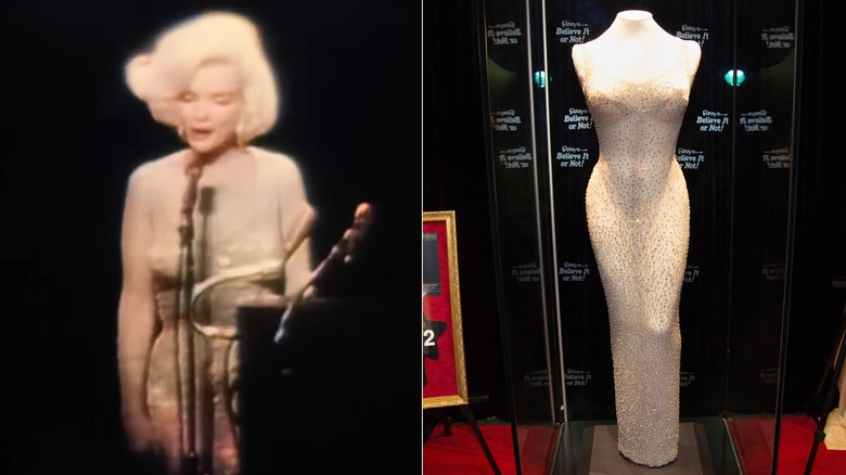 Split image of Marilyn Monroe singing "Happy Birthday" to JFK and her famous dress from the performance on display