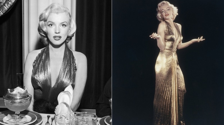 Split image of Marilyn Monroe wearing an iconic golden gown, both at the Photoplay Awards and in a series of colored portraits
