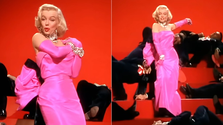 Split image of Marilyn Monroe performing "Diamonds Are a Girl's Best Friend" while wearing a pink satin dress and sparkly jewelry