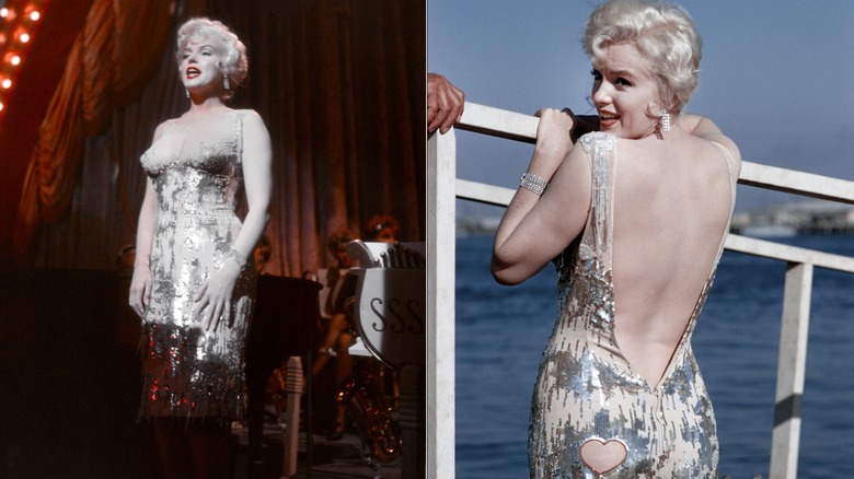 Split image of Marilyn Monroe wearing a nude, sparkly dress for "Some Like It Hot"