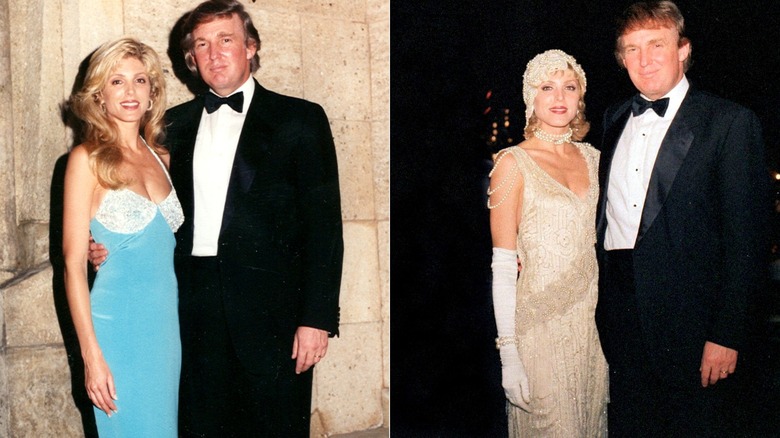 Donald Trump frowns in a Tuxedo next to Marla Maples smiling with her hair up