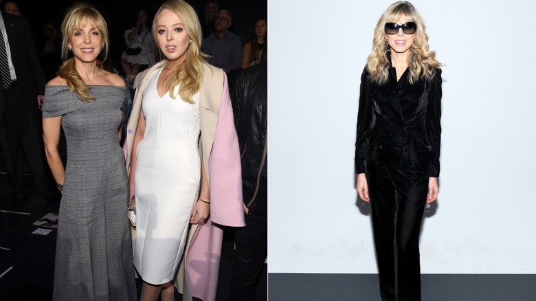 Marla Maples smiles wearing an off-the-shoulder gray top. Marla Maples smiles wearing a black blazer and sunglasses.