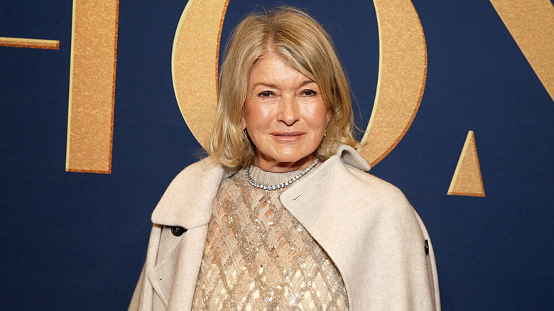 Martha Stewart with light makeup and a beige coat on