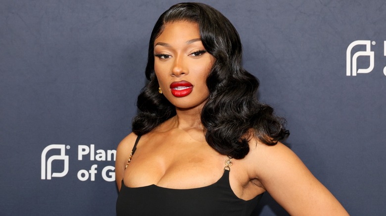 Megan The Stallion posing on the red carpet in a black dress and red lipstick