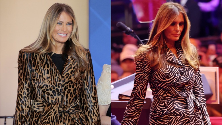 Melania Trump on two different occasions wearing animal print coats