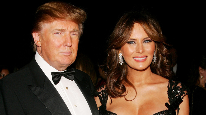 Donald Trump, in tuxedo, and wife Melania, in low-cut lacy black dress, at the 2005 "Night of Stars"