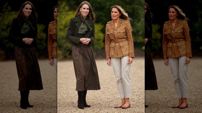 Melania Trump wearing a cargo jacket and capris while speaking with Kate Middleton