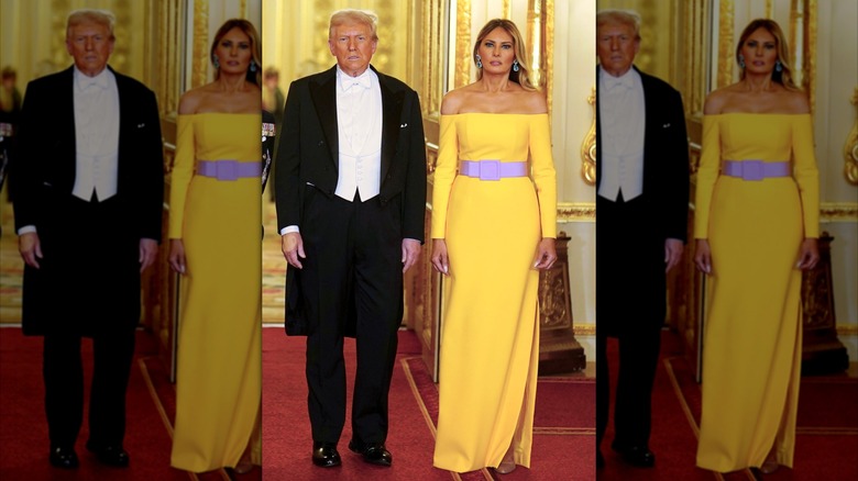 Melania Trump wearing a yellow gown and standing alongside Donald Trump