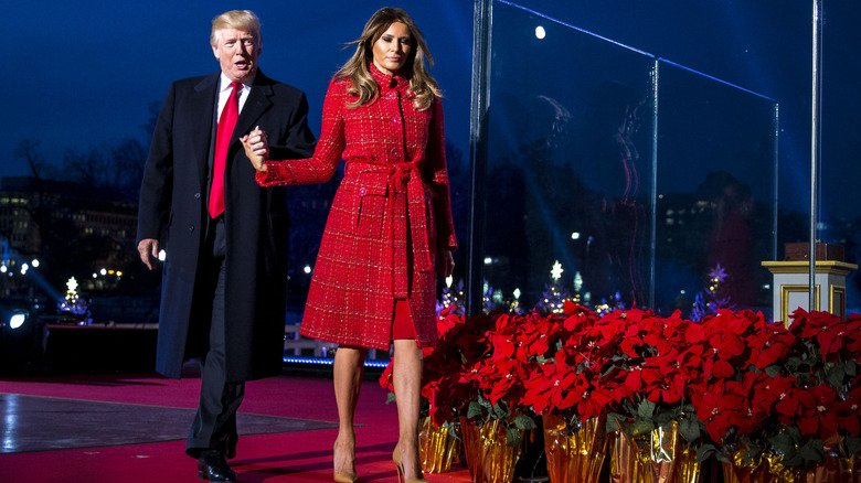 Melania and Donald Trump holding hands on stage to light the Christmas Tree