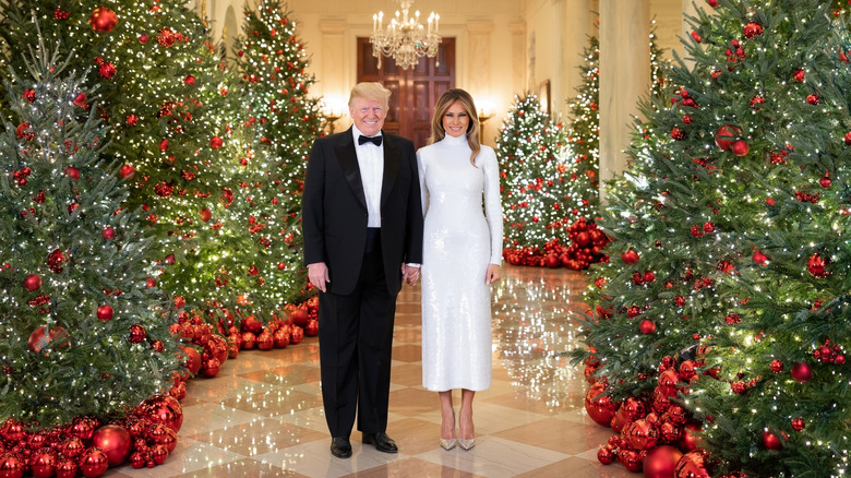 Donald and Melania Trump at the White House surrounded by Christmas trees