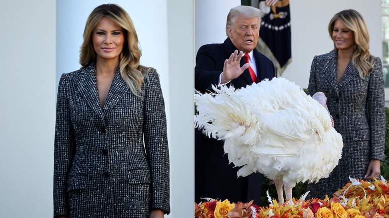 Melania Trump in a grey coat at the 2020 Turkey Pardon