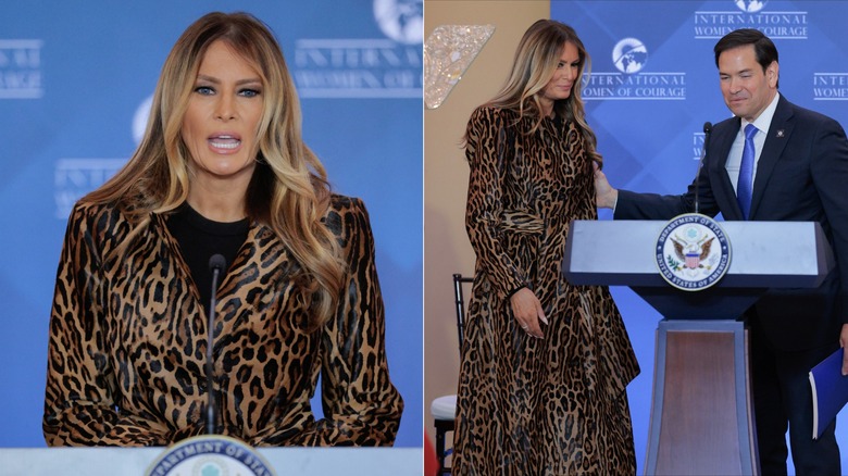 Melania Trump in a long leopard print coat at an award ceremony