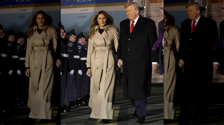 Melania Trump in a too big trench coat with Donald Trump