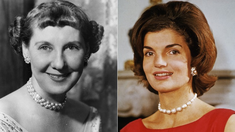 A black and white portrait of Mamie Eisenhower alongside a portrait of Jackie Kennedy