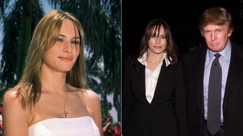 Melania Trump in 2000 and Melania and Donald Trump walking in the dark