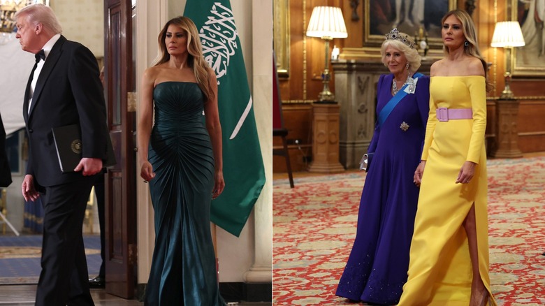 Melania Trump in a green strapless dress and again in a yellow strapless dress
