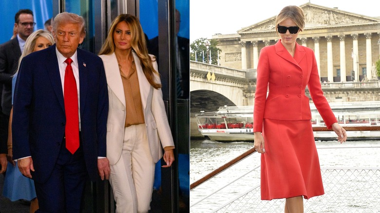 Melania in a white and camel outfit with Donald Trump in 2025 and in an all-red outfit outside in 2017