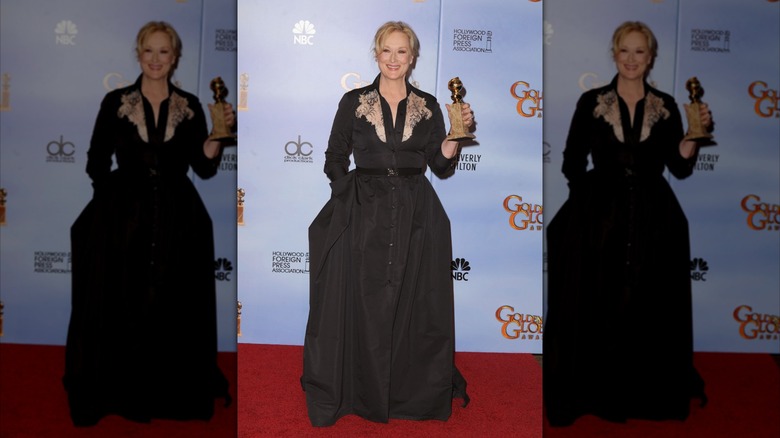 Meryl Streep poses in the press room at the 69th Annual Golden Globe Awards 2012