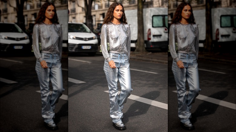 Woman in head to toe silver 