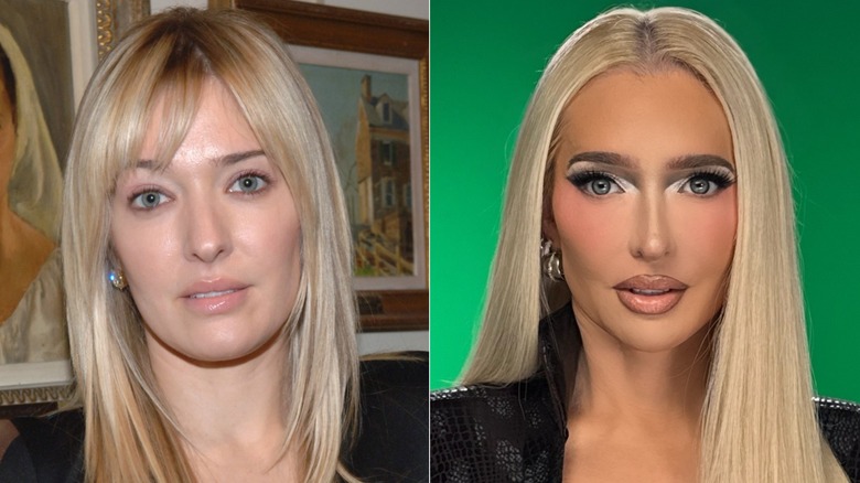 Erika Jayne with minimal makeup in 2017 and sitting in front of a green screen with full makeup in 2026, side by side photos