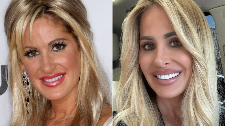 Kim Zolciak posing on the red carpet in 2009 and smiling in her car in 2026, side by side photos