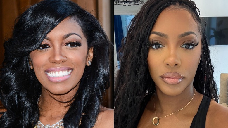 Porsha Williams smiling on the red carpet in 2013 and posing on Instagram in 2026, side by side pics