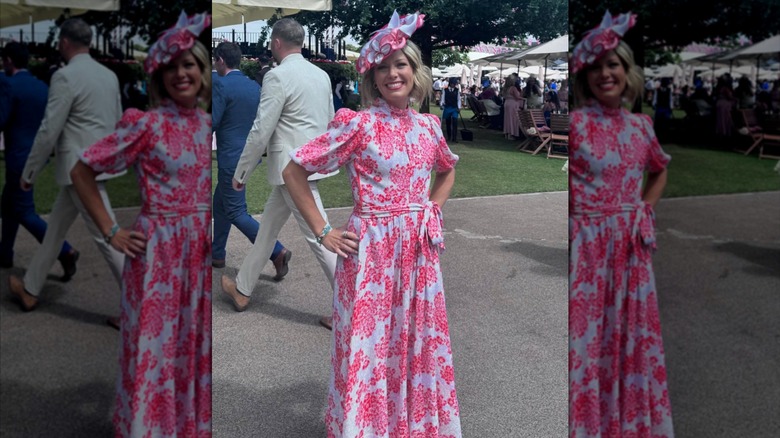 Dylan Dreyer posting in a red and white floral print dress