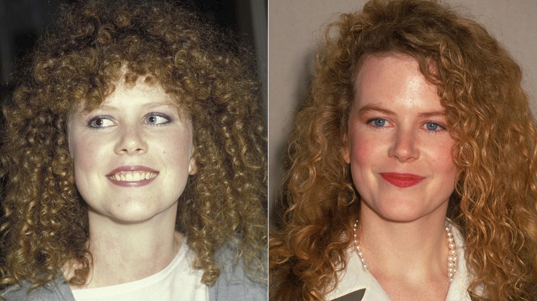 Nicole Kidman smiling with curly hair in 1982 and 1989, side by side photos