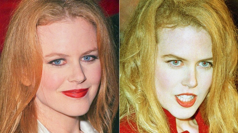 Nicole Kidman with voluminous straight hair and wearing red lipstick in 1990