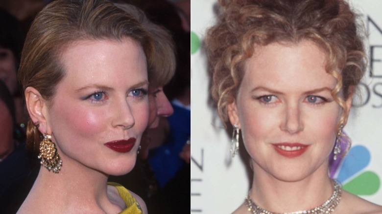Nicole Kidman wearing deep lipstick on the red carpet in 1997, side by side photos